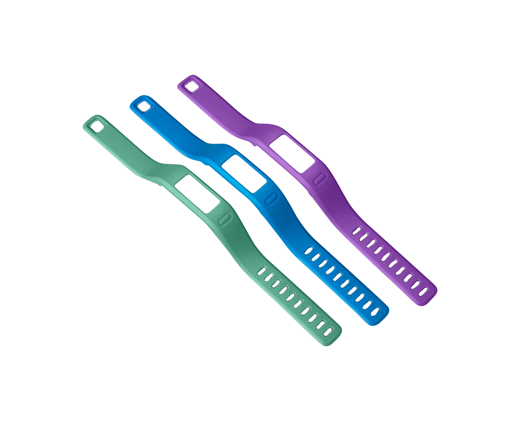 Pulseras pequeñas Vivofit de Garmin en morado, verde azulado y azul