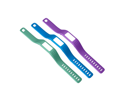 Pulseras pequeñas Vivofit de Garmin en morado, verde azulado y azul