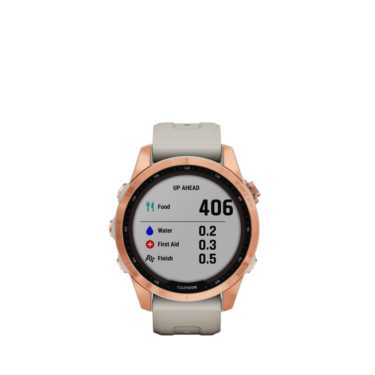 Garmin fenix 7S Solar - Or rose avec bracelet sable clair (010-02539-10)