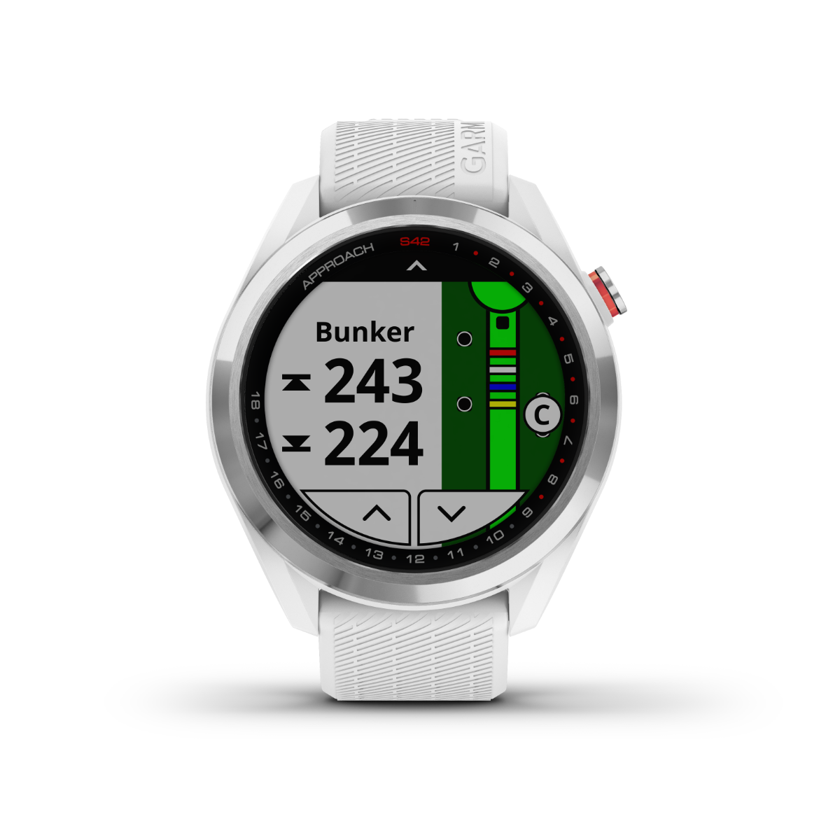 Garmin Approach S42, plateado con correa blanca, reloj inteligente con GPS para golf y telémetro (010-02572-11)