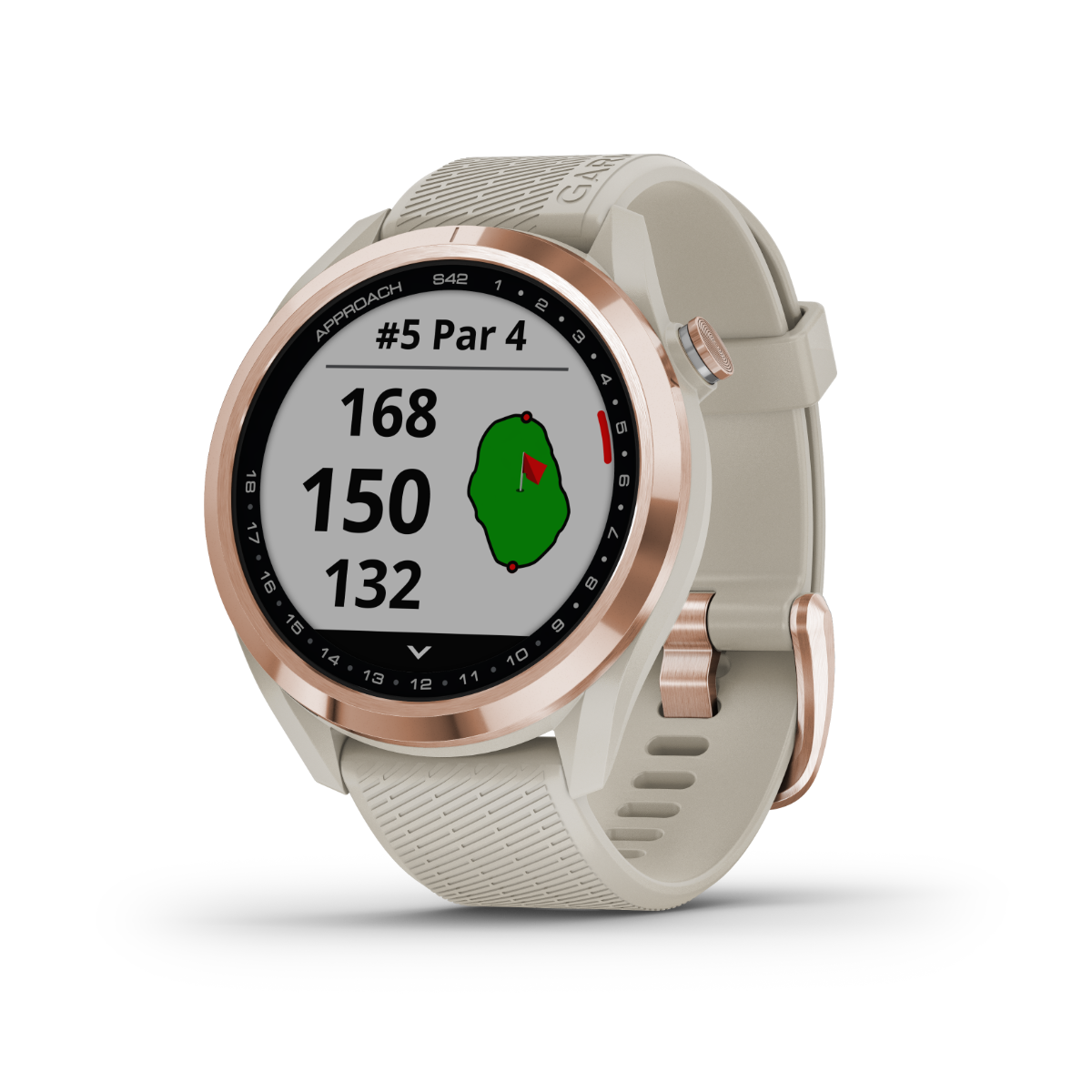 Garmin Approach S42, Rose Gold w/ Light Sand Band, Golf GPS Smartwatch & Rangefinder (010-02572-12)