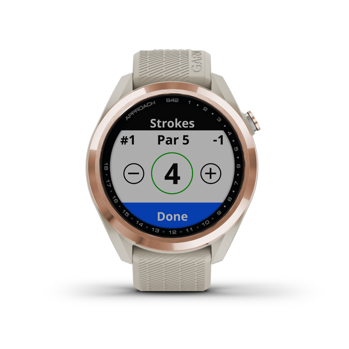 Garmin Approach S42, Rose Gold w/ Light Sand Band, Golf GPS Smartwatch & Rangefinder (010-02572-12)