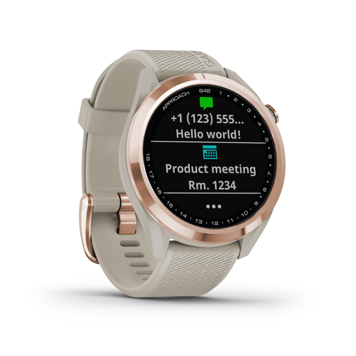 Garmin Approach S42, Rose Gold w/ Light Sand Band, Golf GPS Smartwatch & Rangefinder (010-02572-12)