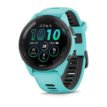 Garmin Forerunner 265, 46 mm Black Bezel with Aqua Case and Aqua/Black Silicone Band (010-02810-02)