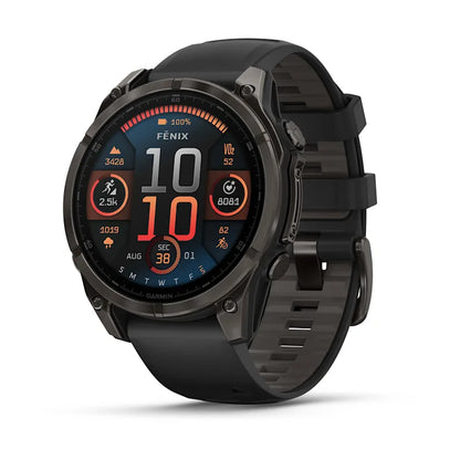 Garmin Fenix ​​8, 47 mm AMOLED Zafiro, titanio DLC gris carbono con correa de silicona negra/gris guijarro (010-02904-20)