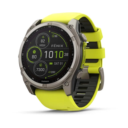 Garmin Fenix ​​8, 51 mm, zafiro solar, titanio con correa de silicona amarilla/grafito (010-02907-20)