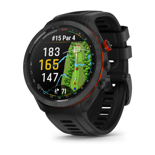 Garmin Approach S70, bisel de cerámica negro/rojo de 47 mm con correa de silicona negra (010-02746-02)