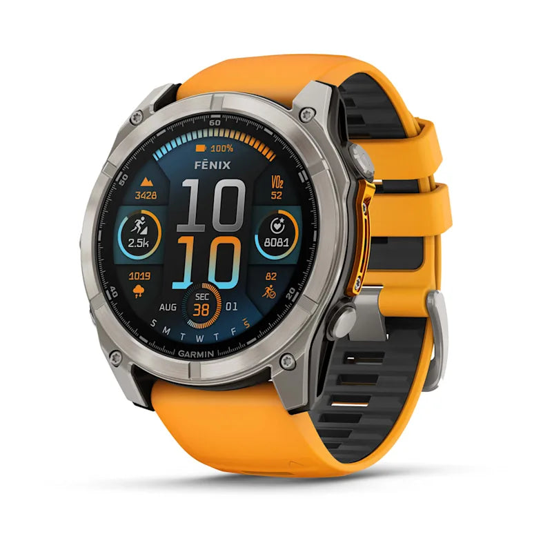 Garmin Fenix ​​8, 51 mm AMOLED Sapphire, titane avec bracelet en silicone Spark Orange/Graphite (010-02905-10)