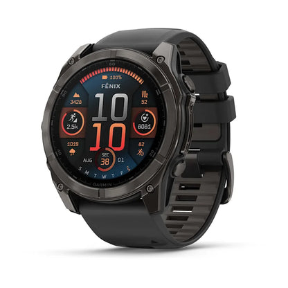 Garmin Fenix ​​8, zafiro AMOLED de 51 mm, titanio DLC gris carbono con correa de silicona negra/gris guijarro (010-02905-20)