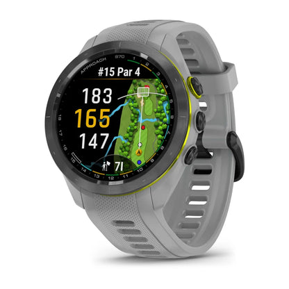 Garmin Approach S70, bisel de cerámica negro/amarillo intenso de 42 mm con correa de silicona gris polvoriento (010-02746-01)