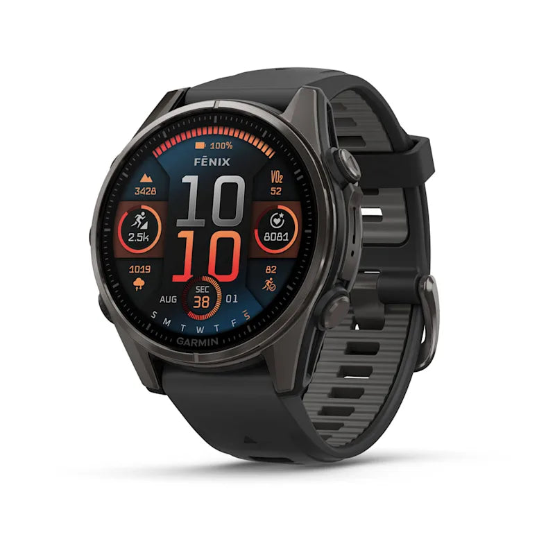 Garmin Fenix ​​8, AMOLED 43 mm, titane DLC gris carbone saphir avec bracelet en silicone noir/gris galet (010-02903-20)