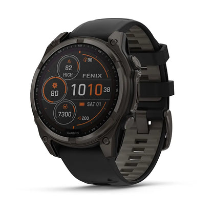 Garmin Fenix ​​8, AMOLED de 47 mm, zafiro solar, titanio DLC gris carbono con correa de silicona negra/gris guijarro (010-02906-10)