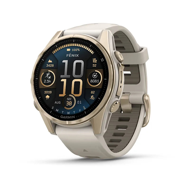 Garmin Fenix ​​8, 43 mm AMOLED Sapphire, or doux avec bracelet en silicone gris brouillard/sable foncé (010-02903-10)