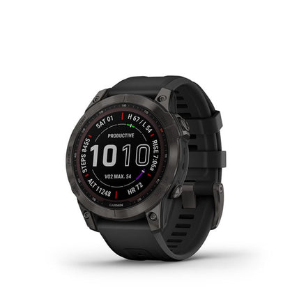 Garmin Fēnix 7 Sapphire Solar Sapph Solar, gris carbone DLC titane avec bracelet noir (remis à neuf certifié Garmin)