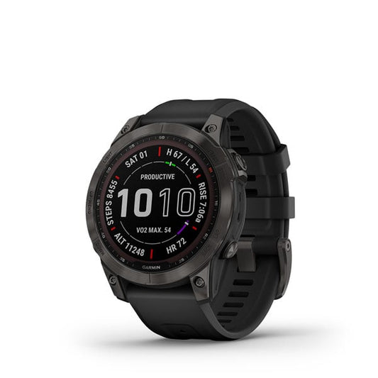 Garmin Fēnix 7 Sapphire Solar Sapph Solar, titanio DLC gris carbono con correa negra (reacondicionado certificado por Garmin)