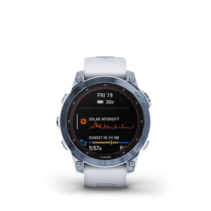 Garmin Fēnix 7 Sapphire Solar Sapph Solar Mineral Blue DLC Titanium con correa de piedra blanca (reacondicionado certificado por Garmin)