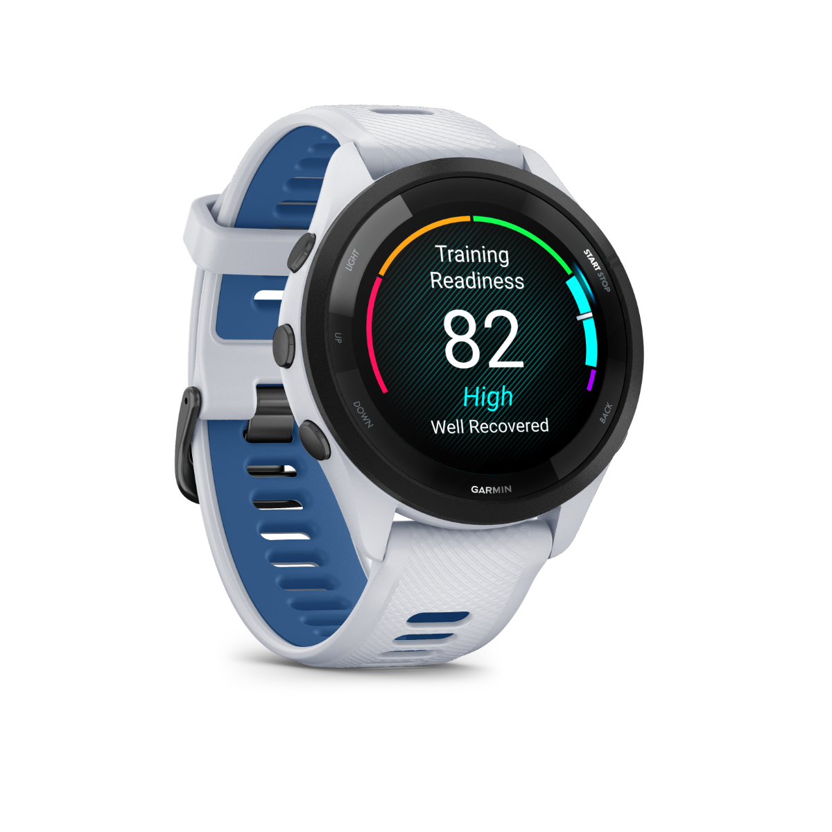 Garmin Forerunner 265 - Black Bezel with Whitestone Case and Whitestone/Tidal Blue Silicone Band