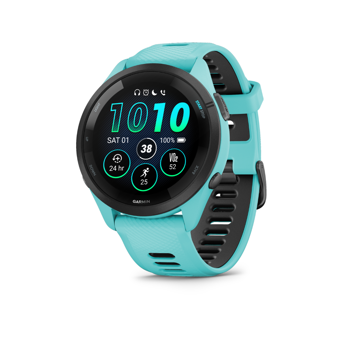 Garmin Forerunner 265, bisel negro/caja color aguamarina con correa color aguamarina/negra, reloj inteligente con GPS para corredores (010-02810-02)