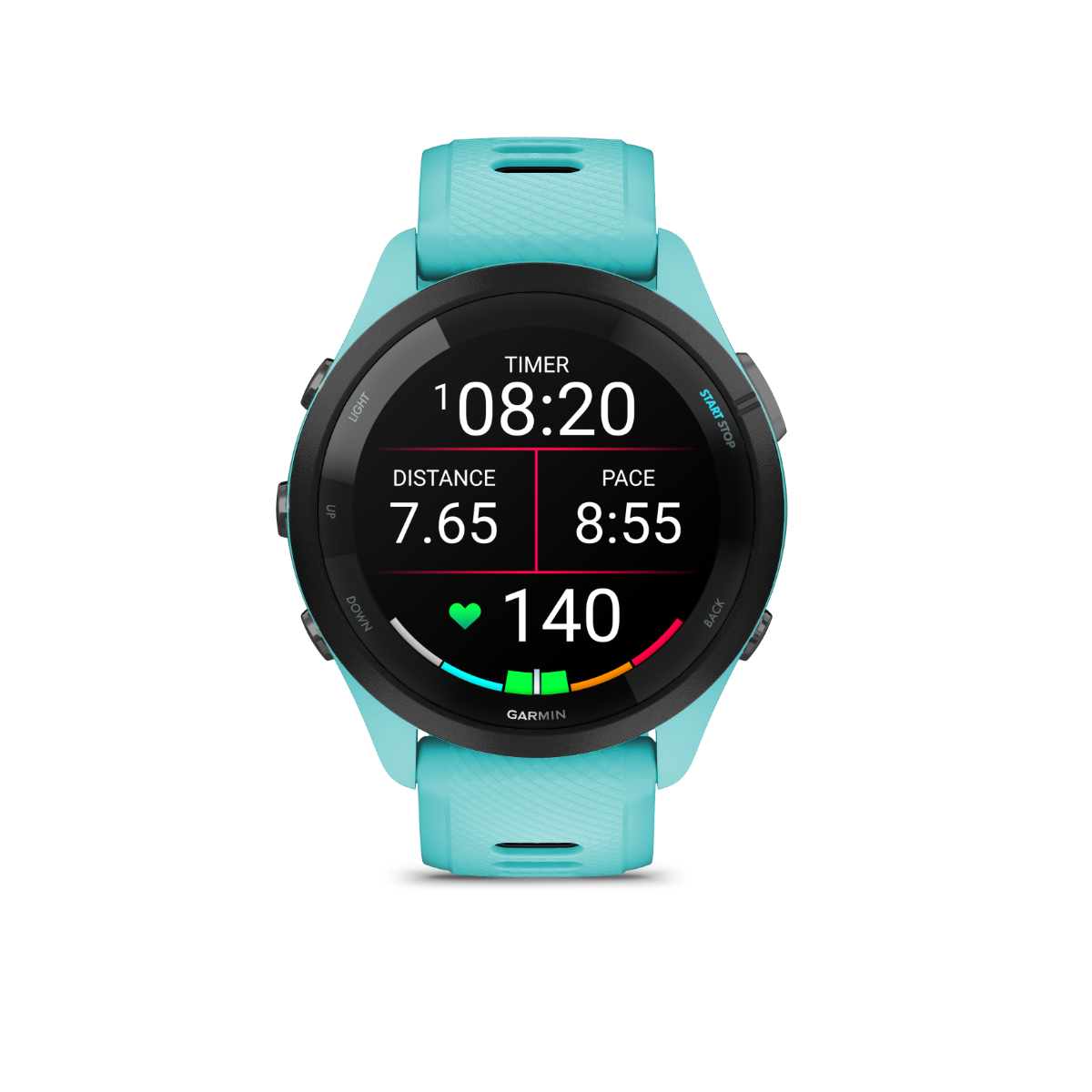 Garmin Forerunner 265, bisel negro/caja color aguamarina con correa color aguamarina/negra, reloj inteligente con GPS para corredores (010-02810-02)