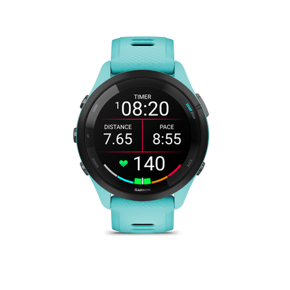 Garmin Forerunner 265, bisel negro/caja color aguamarina con correa color aguamarina/negra, reloj inteligente con GPS para corredores (010-02810-02)