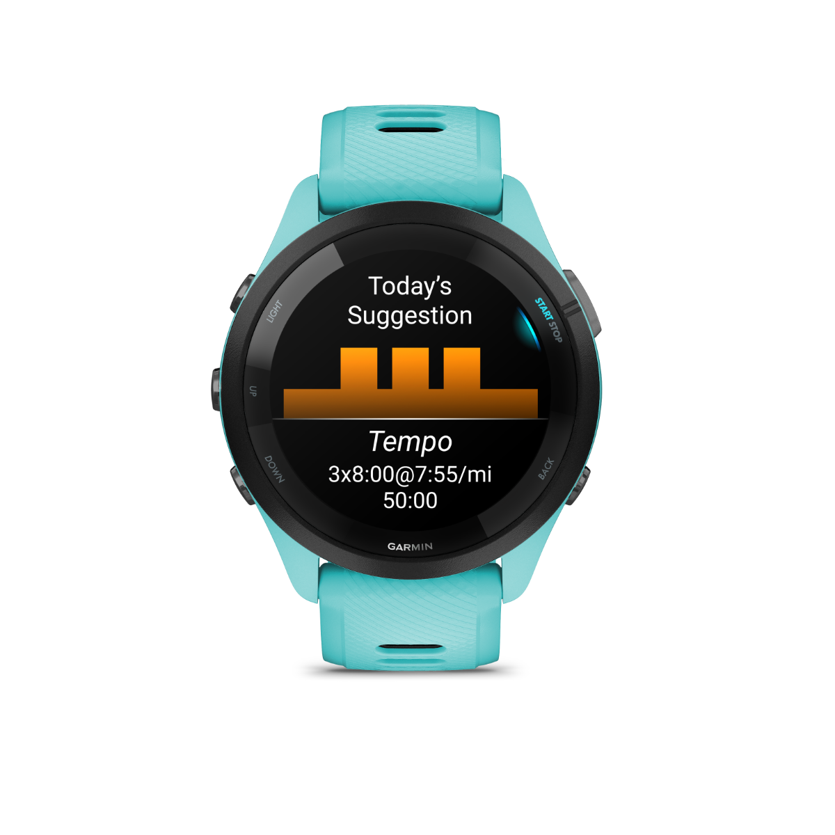 Garmin Forerunner 265, bisel negro/caja color aguamarina con correa color aguamarina/negra, reloj inteligente con GPS para corredores (010-02810-02)