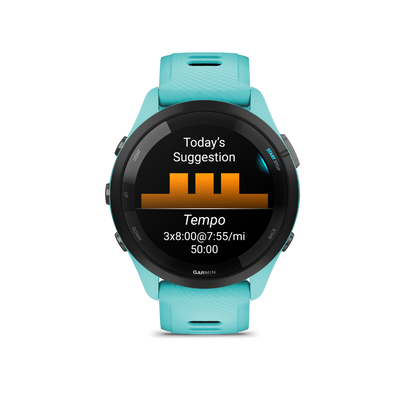 Garmin Forerunner 265, bisel negro/caja color aguamarina con correa color aguamarina/negra, reloj inteligente con GPS para corredores (010-02810-02)