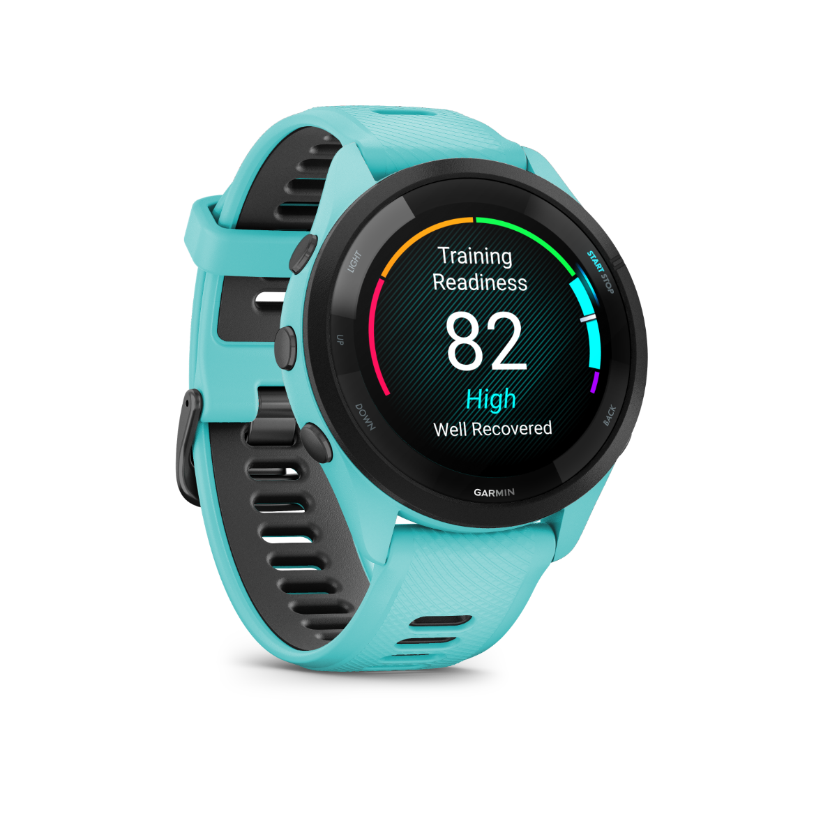 Garmin Forerunner 265, bisel negro/caja color aguamarina con correa color aguamarina/negra, reloj inteligente con GPS para corredores (010-02810-02)