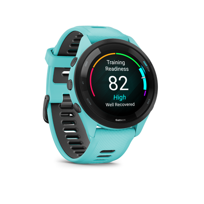 Garmin Forerunner 265, bisel negro/caja color aguamarina con correa color aguamarina/negra, reloj inteligente con GPS para corredores (010-02810-02)