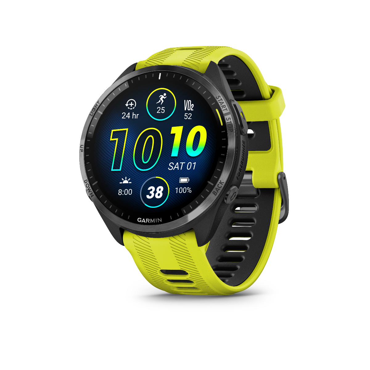 Garmin Forerunner 965 Carbon Gray DLC Titanium Bezel with Black Case and Amp Yellow/Black Silicone Band