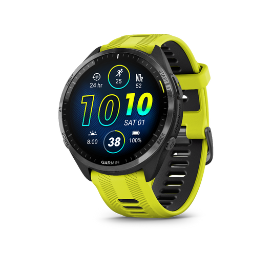 Garmin Forerunner 965 Carbon Gray DLC Titanium Bezel with Black Case and Amp Yellow/Black Silicone Band