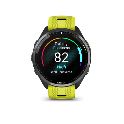 Garmin Forerunner 965 Carbon Gray DLC Titanium Bezel with Black Case and Amp Yellow/Black Silicone Band