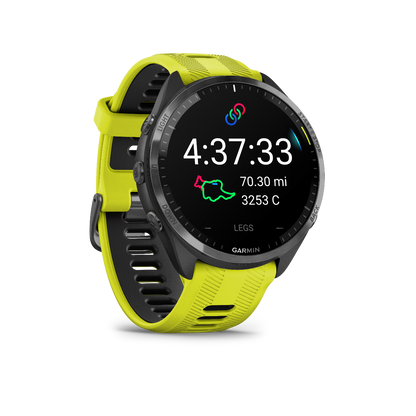 Garmin Forerunner 965 Carbon Gray DLC Titanium Bezel with Black Case and Amp Yellow/Black Silicone Band