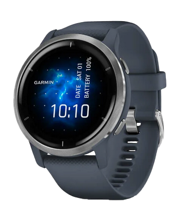 Gamin Venu 2 - Silver Stainless Steel Bezel with Granite Blue Case and Silicone Band