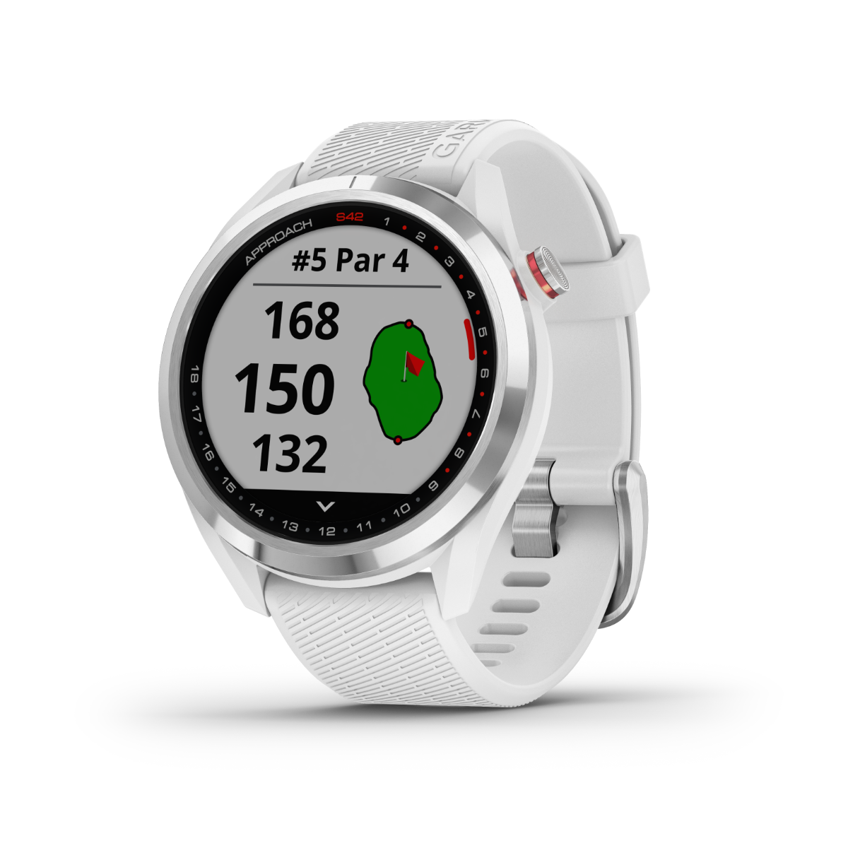 Garmin Approach S42, plateado con correa blanca, reloj inteligente con GPS para golf y telémetro (010-02572-11)