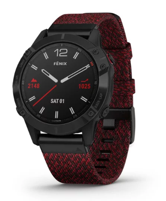 Garmin Fenix 6 Sapphire Black DLC with Heathered Red Nylon Band