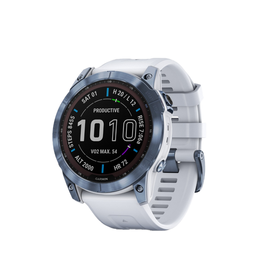 Garmin Fenix ​​7x Sapphire Solar - Titanio DLC azul mineral con correa de piedra blanca (010-02541-14)