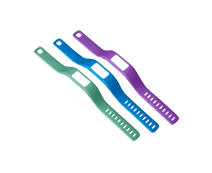 Pulseras pequeñas Vivofit de Garmin en morado, verde azulado y azul