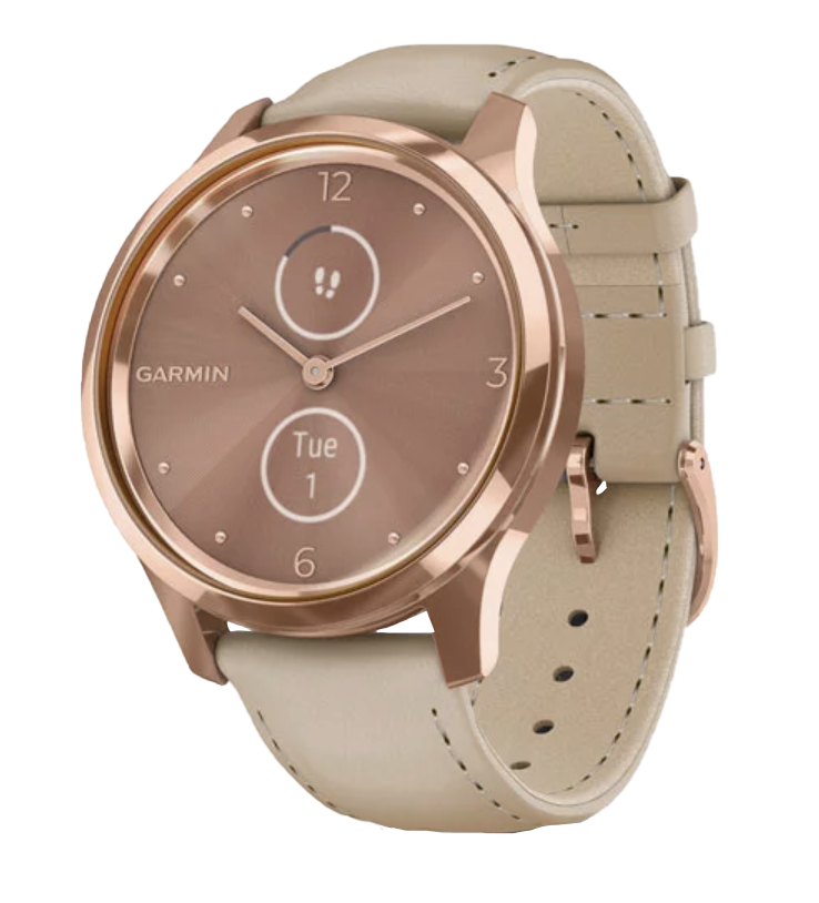 Garmin Vívomove Luxe - 18K Rose Gold PVD Stainless Steel Case with Light Sand Italian Leather Band