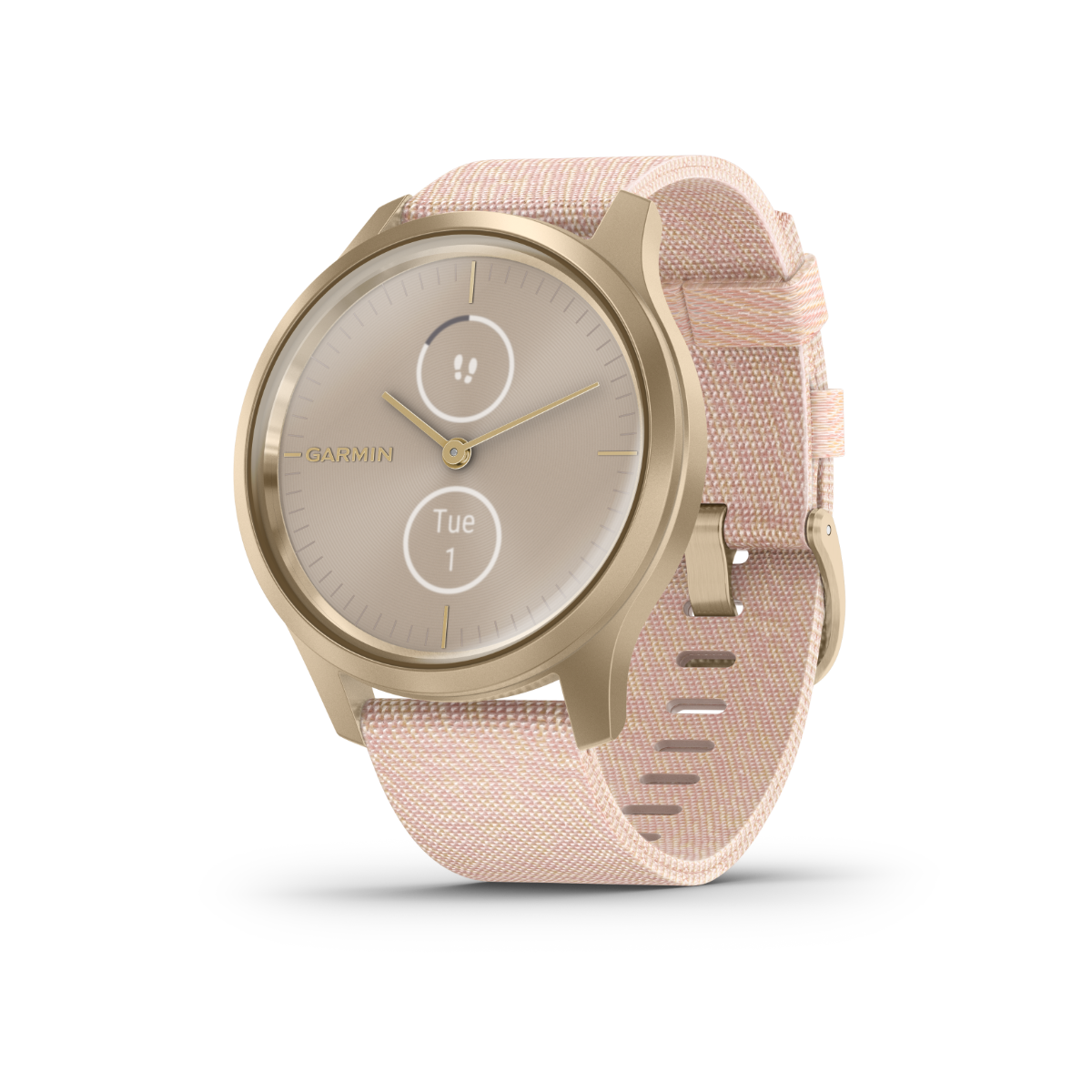 Reloj inteligente Garmin Vívomove Style, dorado claro con correa de nailon rosa ruborizada, con GPS (reacondicionado certificado por Garmin)