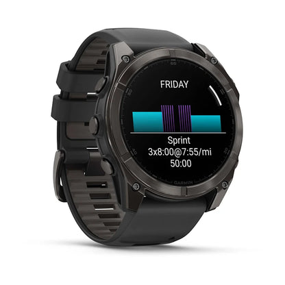 Garmin Fenix ​​8, zafiro AMOLED de 51 mm, titanio DLC gris carbono con correa de silicona negra/gris guijarro (010-02905-20)