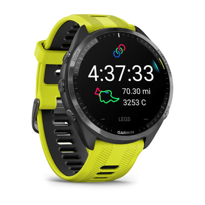 Garmin Forerunner 965, bisel de titanio DLC gris carbono con caja negra y correa de silicona amarilla Amp/negra (010-02809-02)