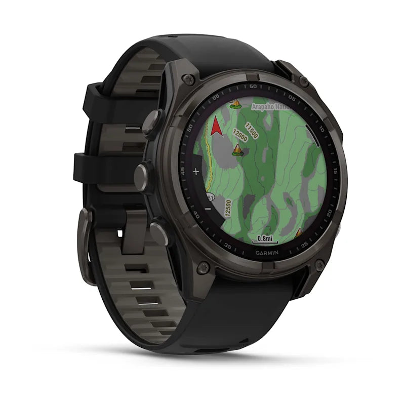 Garmin Fenix ​​8, AMOLED de 47 mm, zafiro solar, titanio DLC gris carbono con correa de silicona negra/gris guijarro (010-02906-10)