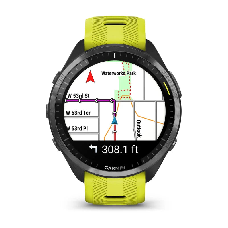 Garmin Forerunner 965, bisel de titanio DLC gris carbono con caja negra y correa de silicona amarilla Amp/negra (010-02809-02)