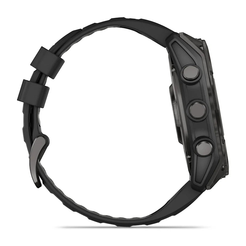 Garmin Fenix ​​8, zafiro AMOLED de 51 mm, titanio DLC gris carbono con correa de silicona negra/gris guijarro (010-02905-20)