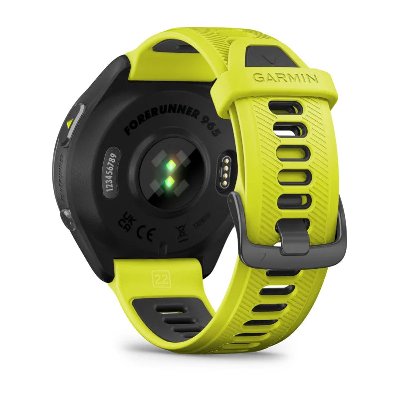 Garmin Forerunner 965, bisel de titanio DLC gris carbono con caja negra y correa de silicona amarilla Amp/negra (010-02809-02)