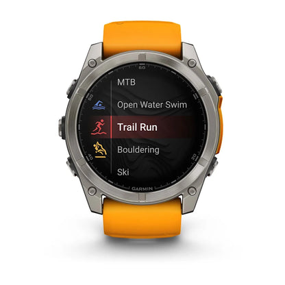 Garmin Fenix ​​8, 51 mm AMOLED Sapphire, titane avec bracelet en silicone Spark Orange/Graphite (010-02905-10)