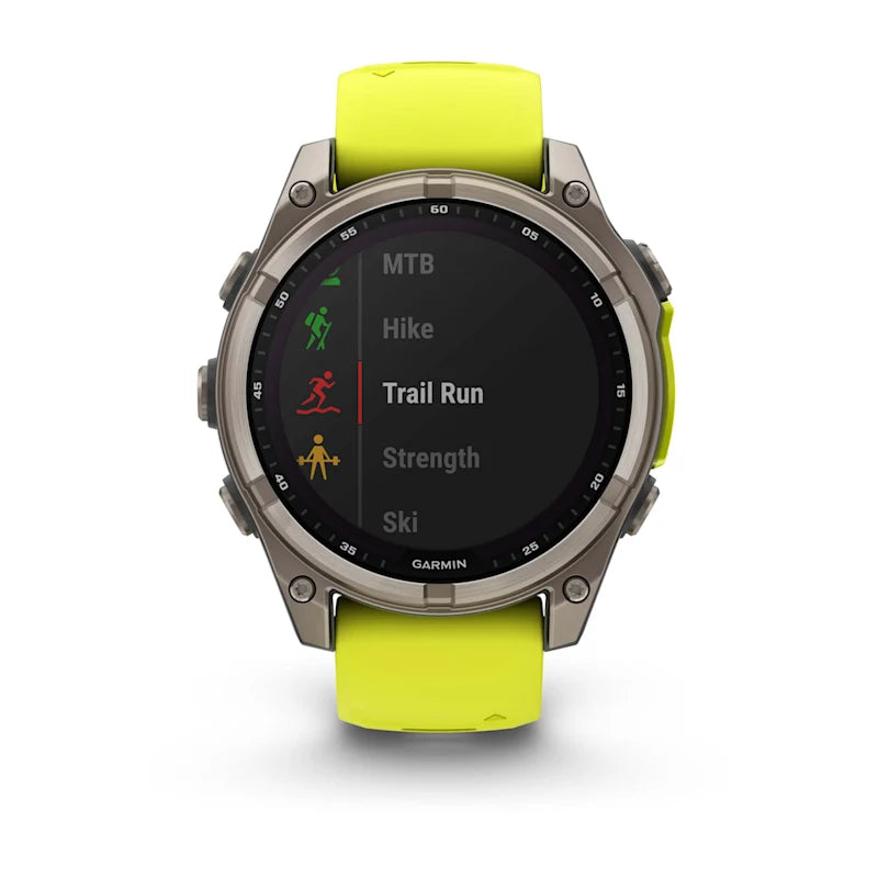 Garmin Fenix 8, 47 mm AMOLED, Solar Sapphire Titanium with Amp Yellow/Graphite Silicone Band (010-02906-20)