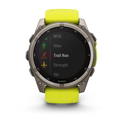 Garmin Fenix ​​8, 51 mm, zafiro solar, titanio con correa de silicona amarilla/grafito (010-02907-20)