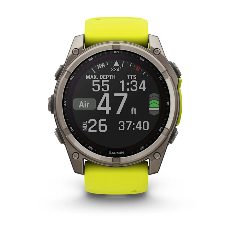 Garmin Fenix ​​8, 51 mm, zafiro solar, titanio con correa de silicona amarilla/grafito (010-02907-20)