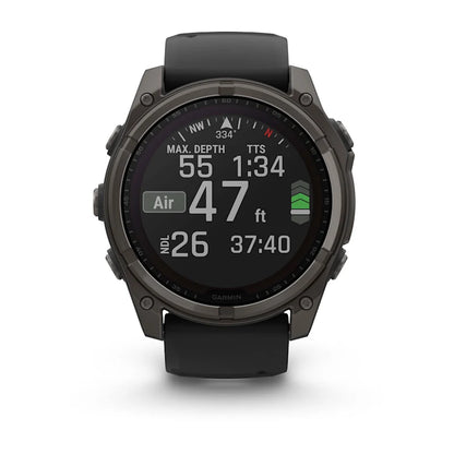 Garmin Fenix 8, 51 mm Solar Sapphire, Carbon Gray DLC Titanium with Black/Pebble Gray Silicone Band (010-02907-10)